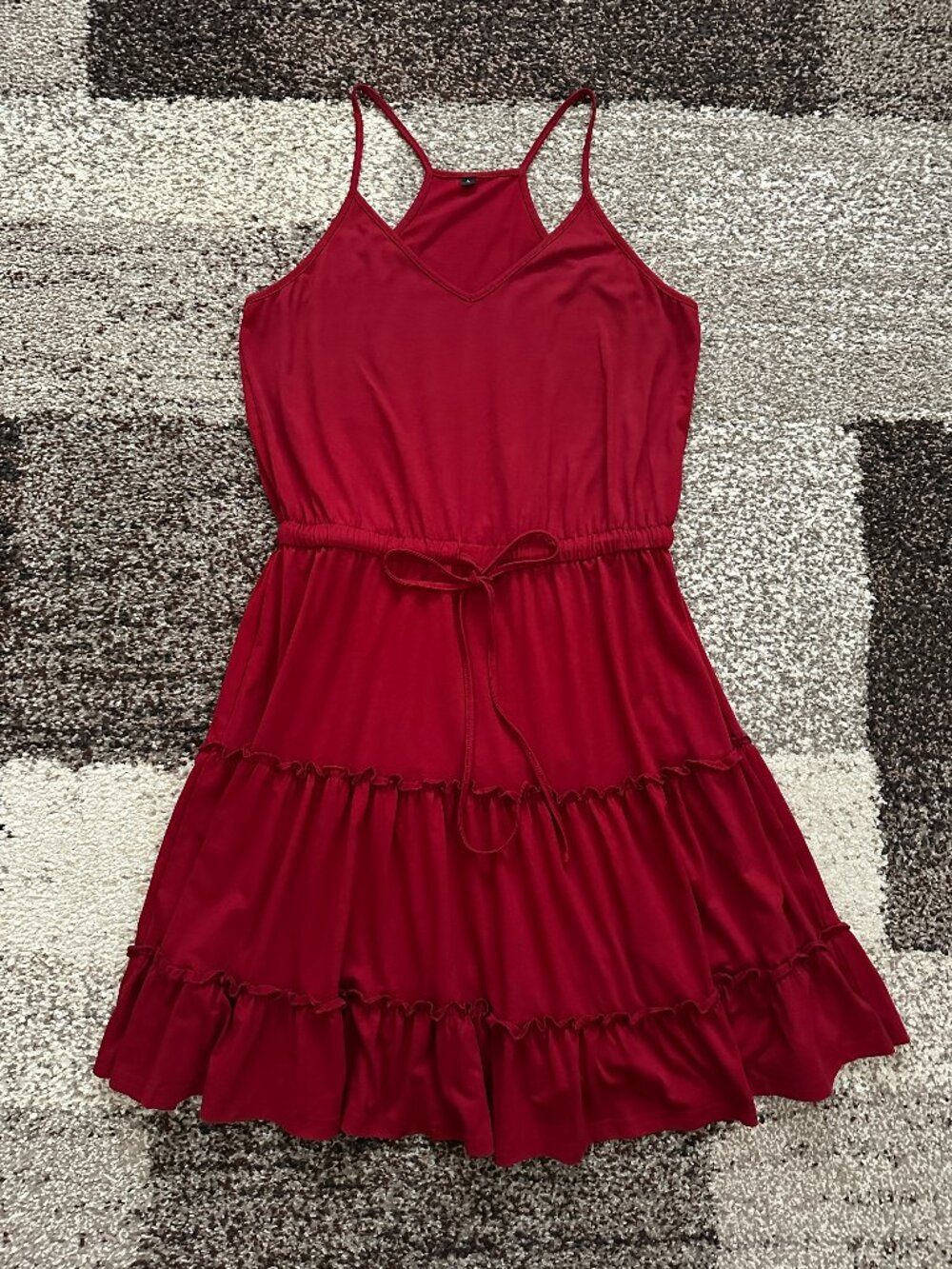 NEWSHOWS (L) Red Ruffle Sun Dress A-Line Sundress Drawstring Strappy Wine Dark